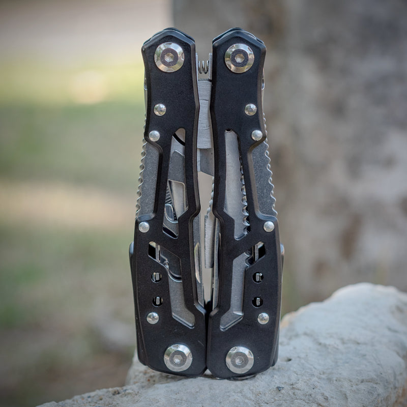 Survival Knife/Pliers Essential 14 in One Outdoor Multitool - Black Available at 2Fast2See.co